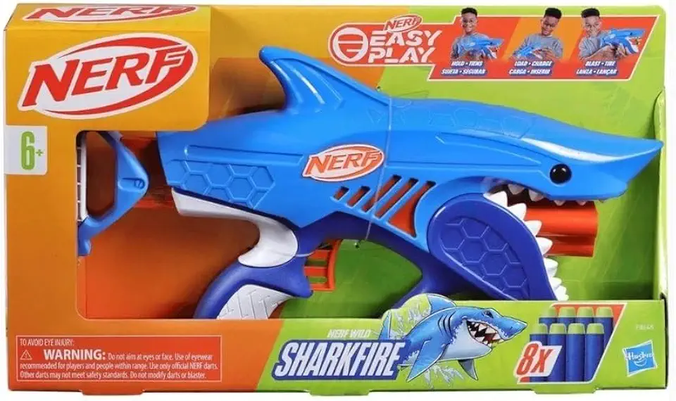 Nerf Jr Wild Sharkfire – Lançador com design de tubarão em plástico azul e laranja, com 8 dardos de espuma, brinquedos de Natal para crianças a partir de 6 anos