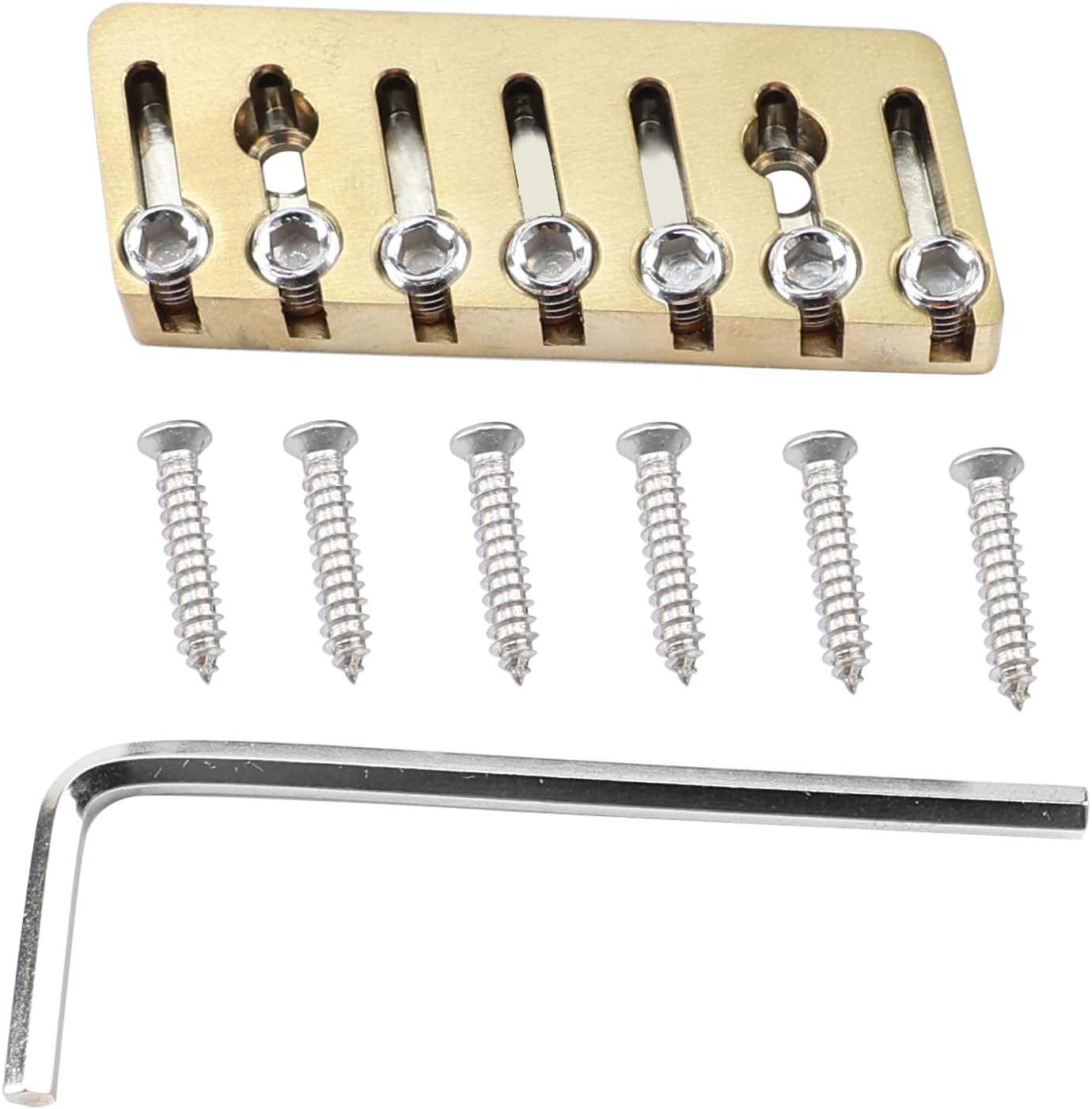 7-string Metal String Locking Nut Titanium Alloy Fanned-fret Headless Guitar Bridge String Locks for 7-string Headless Electric Guitar Replacement Parts（Gold 46mm×28mm)
