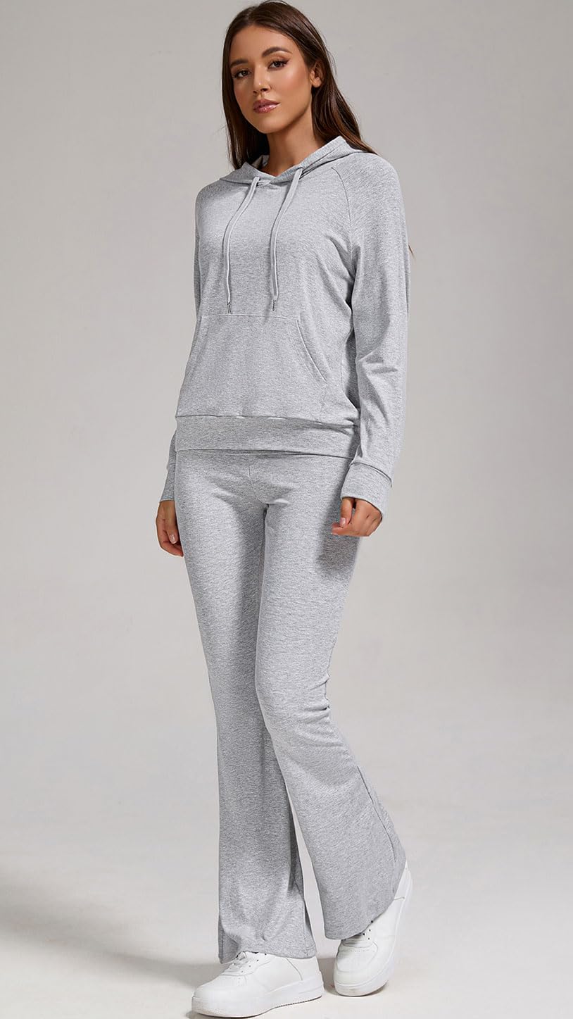 YETOWA Elegante tuta da donna in 2 pezzi, felpa con cappuccio e pantaloni svasati, perfetti per abbigliamento casual attivo