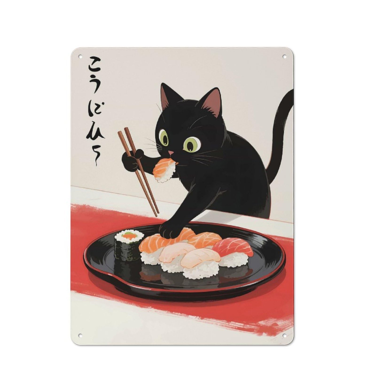 Junmoney Black Cat Sushi Tin Wall Plaque 40X30cm With For Bar Or Restaurant, Housewarming Wall Decor For People Furnishing Bar And Restaurant
