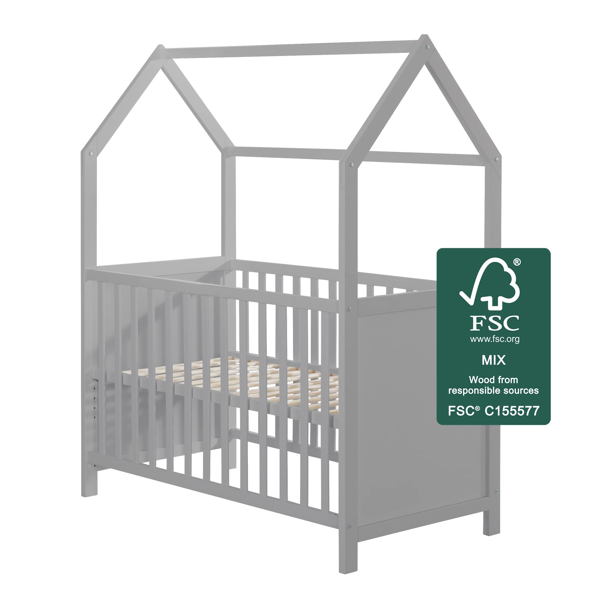 roba Lettino a Forma di Casa 60 x 120 cm - Certificato FSC - Culla Co-sleeping - Regolazione in 6 Altezze Diverse - Trasformabile - Legno Laccato Grigio
