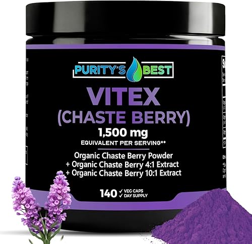 Purity's Best VITEX (Chaste Berry) Polvo + 4X + 10x Extracto 1,500mg Eq. Por porción, apoyo de fertilidad y ciclo menstrual, apoyo para el