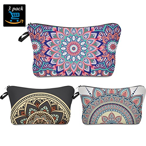 Flower Makeup Bag,Handy Travel Cosmetic Makeup Clutch Bag Case Pouch Nylon Zipper Carry On Bag For Women Multifuncition Pencil Holder Pouch (Boho 3 Pack)