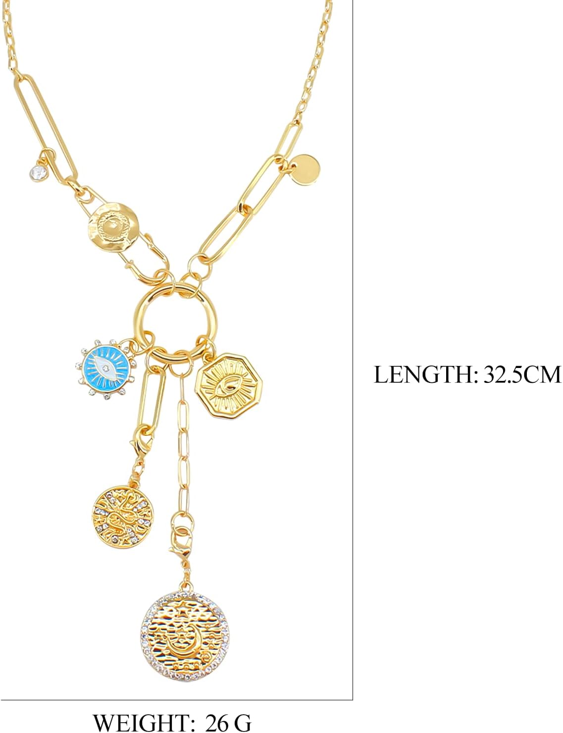 Gold Charm Necklace for Women, Detachable Women's Evil Eye Paperclip Charm Necklace, Gold Coin Necklace - Image 6