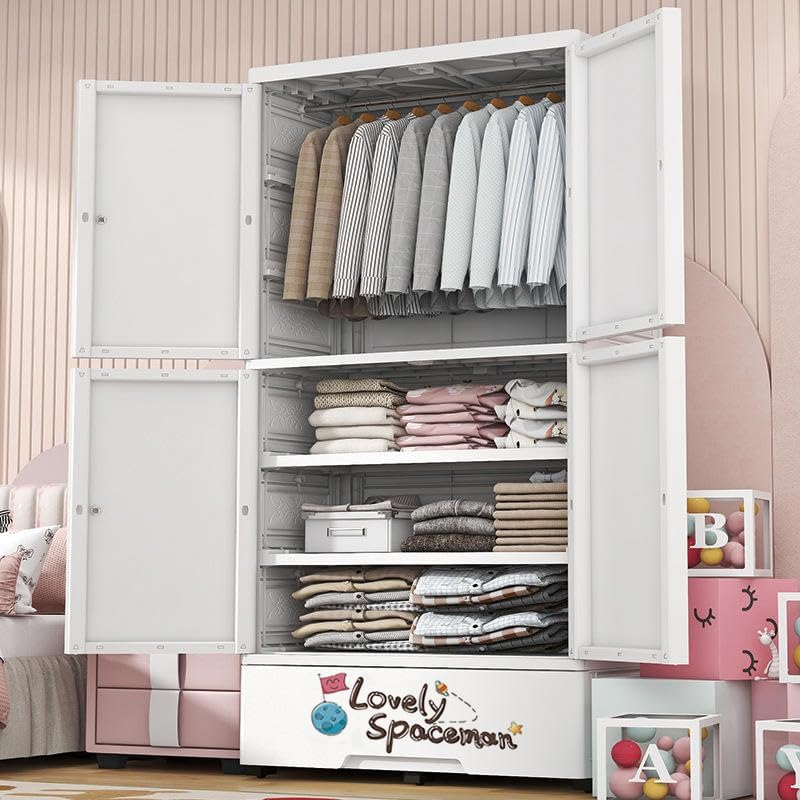 Image of EXVITO Plastic Wardrobe for Cloth with Drawers & Hanging Rod | Baby Cupboard for Clothes Storage | Foldable Collapsible Plastic Almirah for Kids | Cartoon Design Cabinet for Bedroom (5 Door)