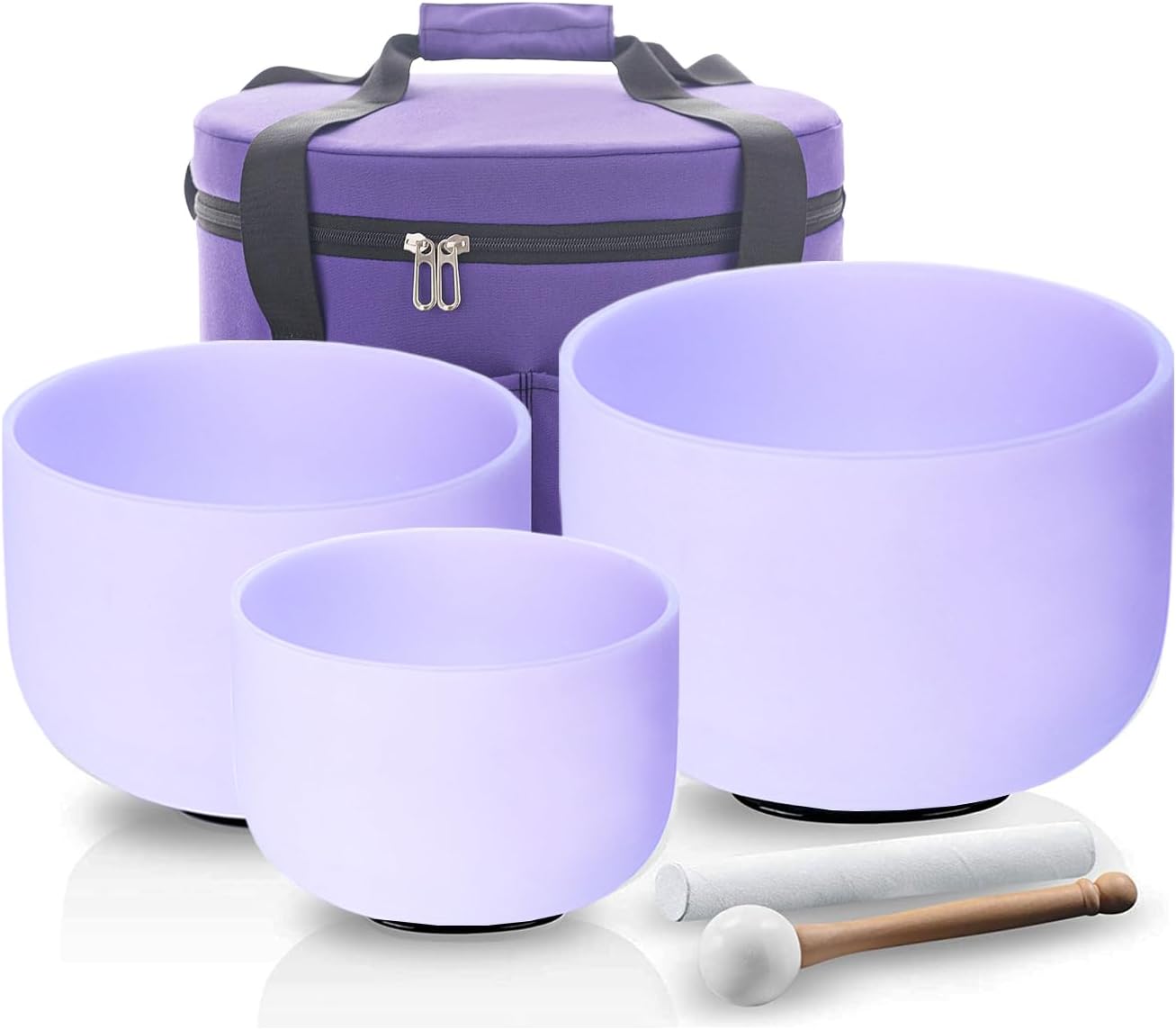 Hye-eun Purple Crystal Singing Bowls Set of 3, 432hz 8"B 10"F 12"C Frosted Quartz Chakra Sound Bowl with Beige Carrying Case for Sound Healing Yoga Meditation