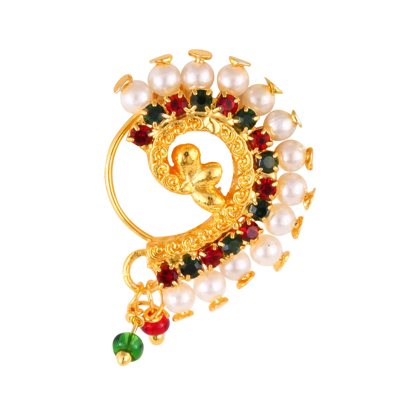 Gold Plated Pearl CZ Artificial Stone Non Piercing Maharashtrian Nath Nose Pin Valentine Day Gift For Her-image-20