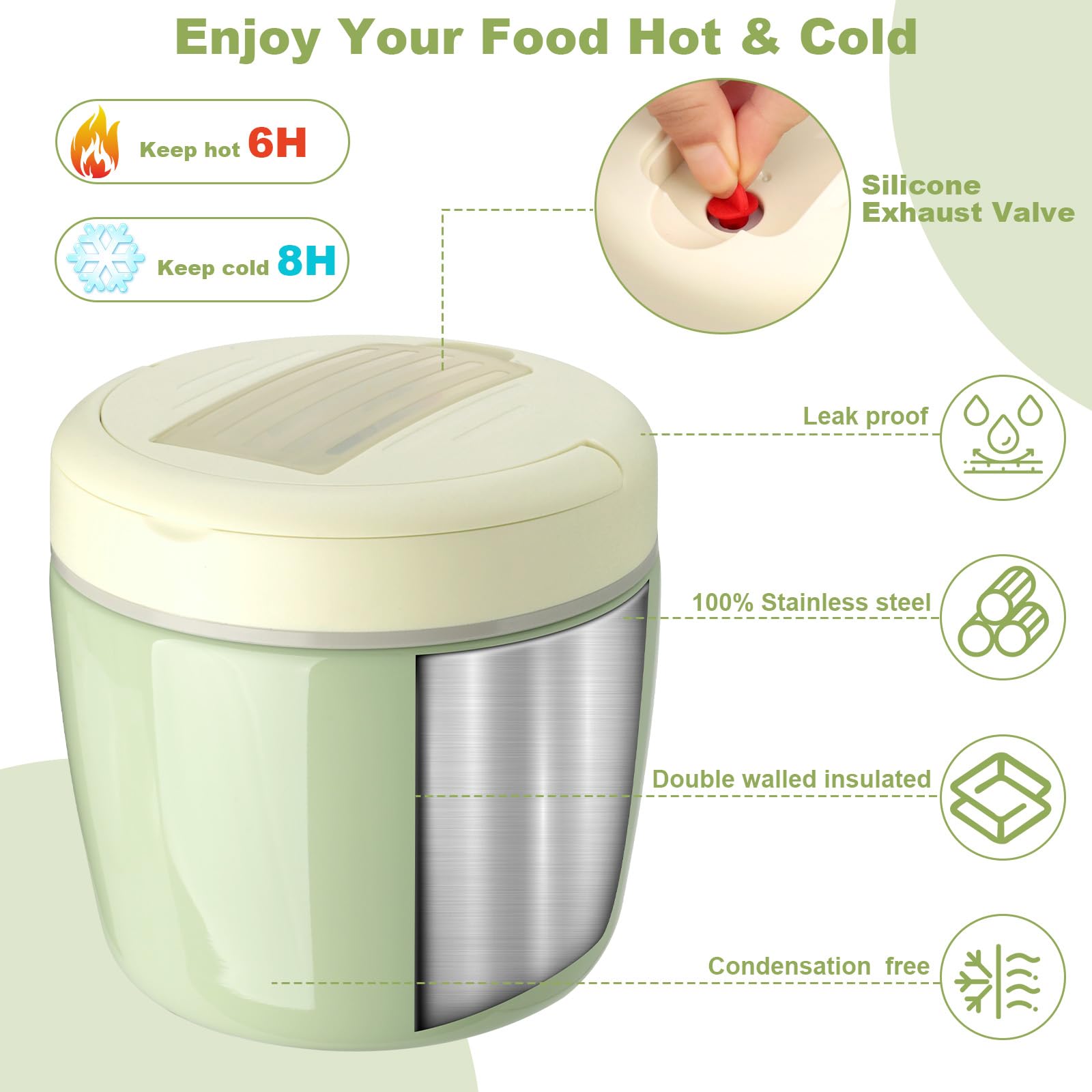 AiQInu Portapranzo Termico per Alimenti 1200ml con Isolamento Sottovuoto, Thermos Pappa BPA Free, Contenitore Termico per Alimenti Caldi con Cucchiaio Pieghevole e Manico Antiscivolo per conservare