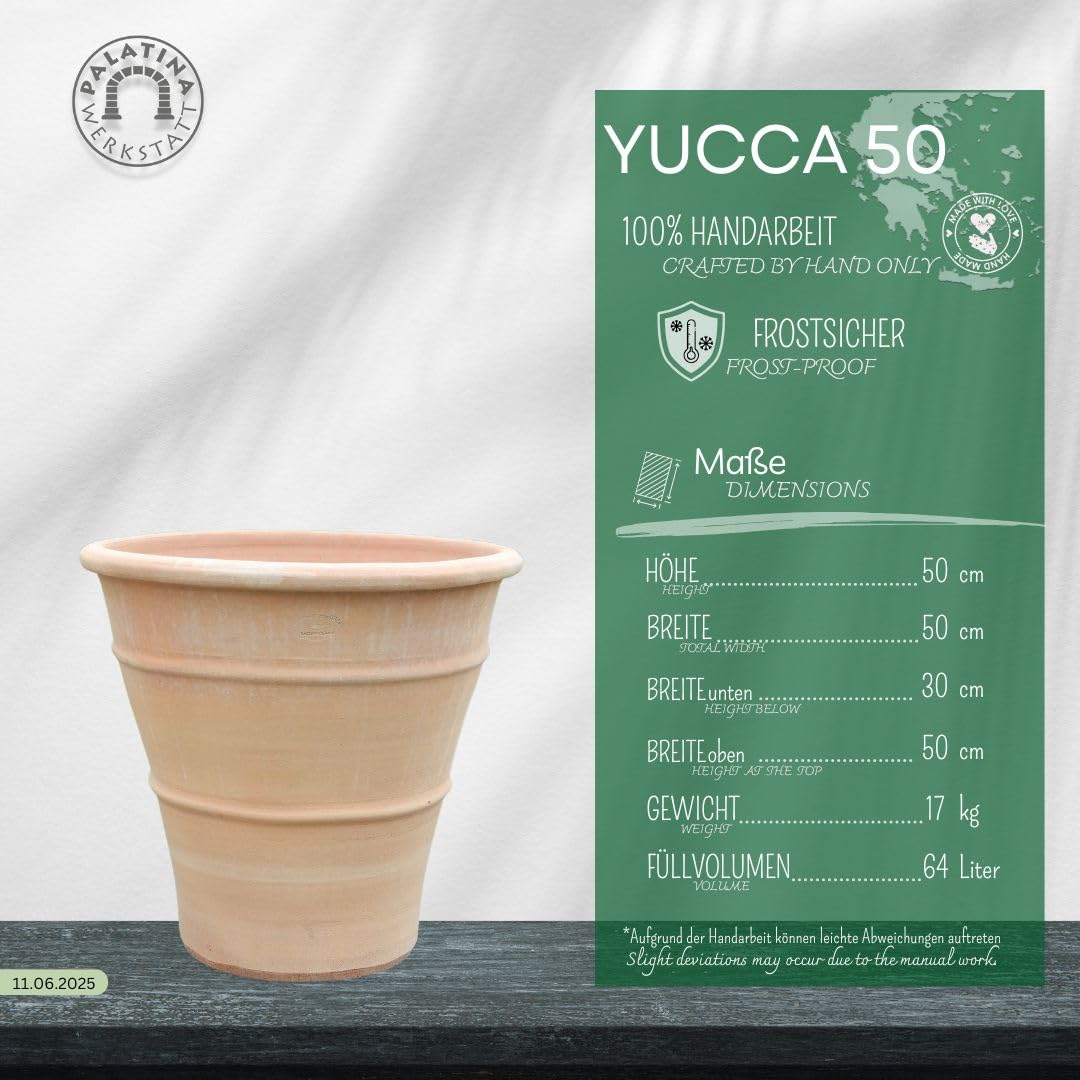 Palatina Werkstatt Doniczka z terakoty Yucca 50 cm – w 100% ręcznie wykonany unikat – udekoruj swój dom odporną na warunki zimowe donicą do użytku wewnątrz i na zewnątrz