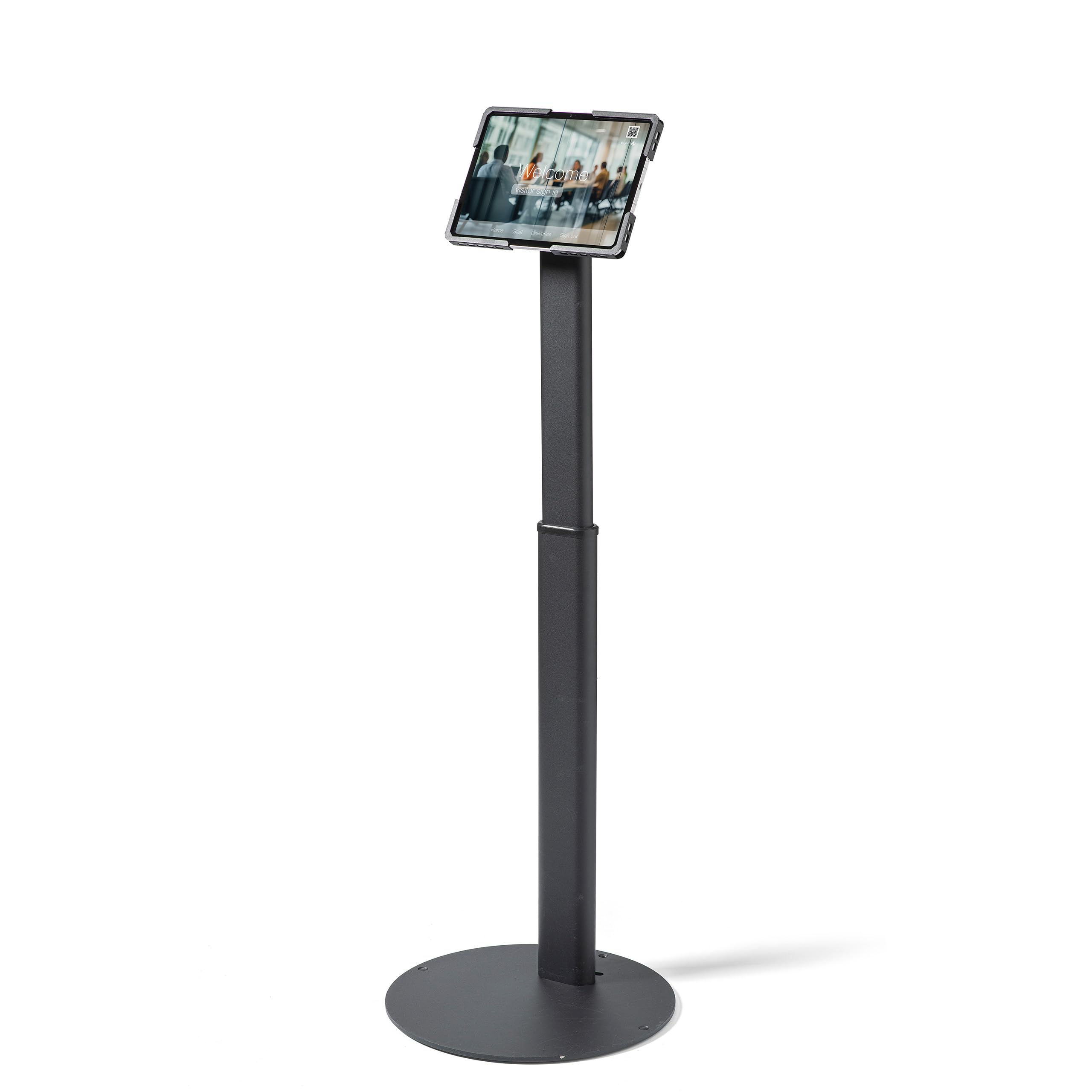 Supporto da pavimento universale per tablet regolabile 70–120 cm – per iPad e tablet 10–13 pollici – girevole, inclinabile, base stabile in metallo, gestione cavi, nero