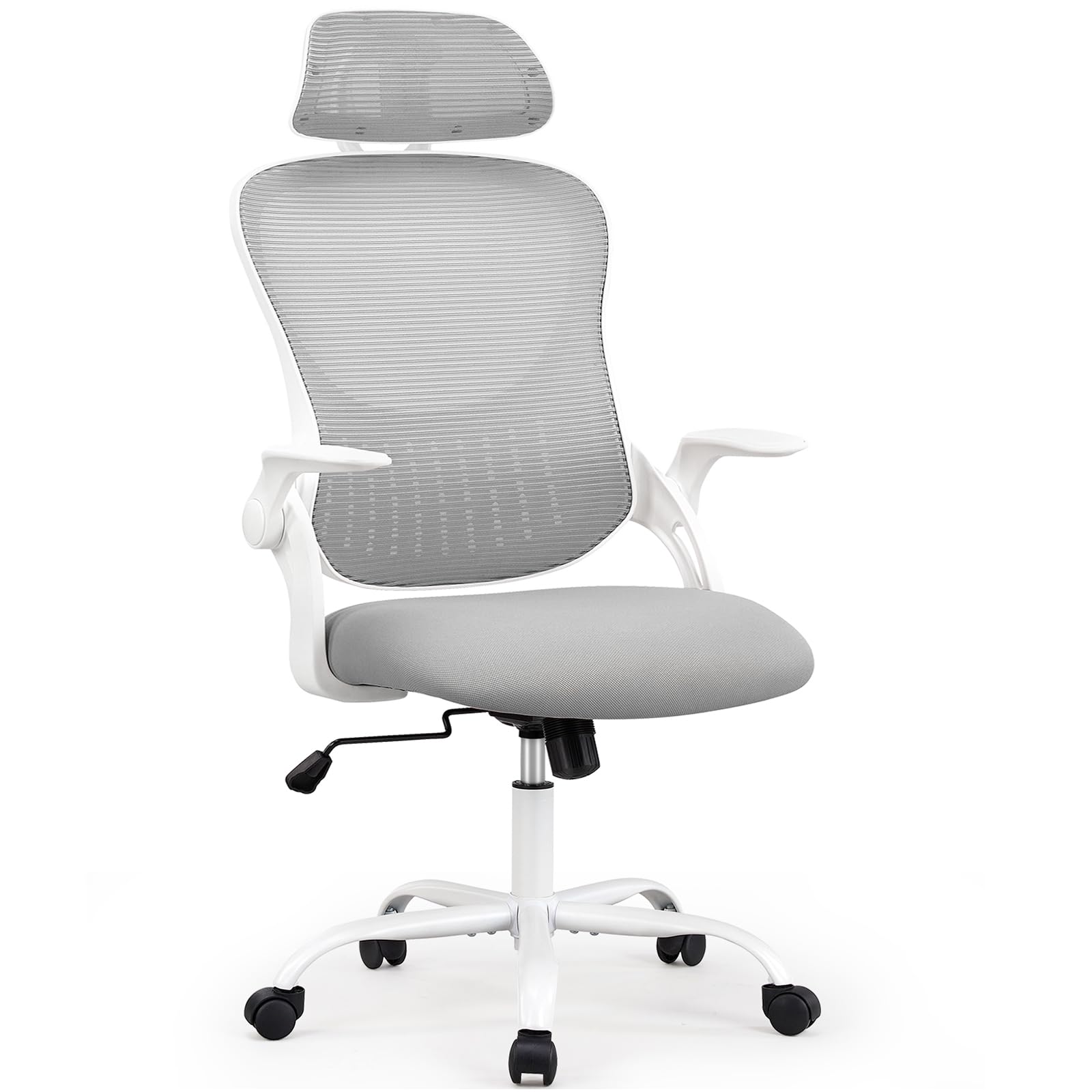 OLIXIS Ergonomic Office Chair, High-Back Mesh Computer Desk Chair with Wheels, Adjustable Headrest and Flip-Up Arms, Swivel Comfy Padded Rolling Task Chairs for Home Study Bedroom Gamer, Grey