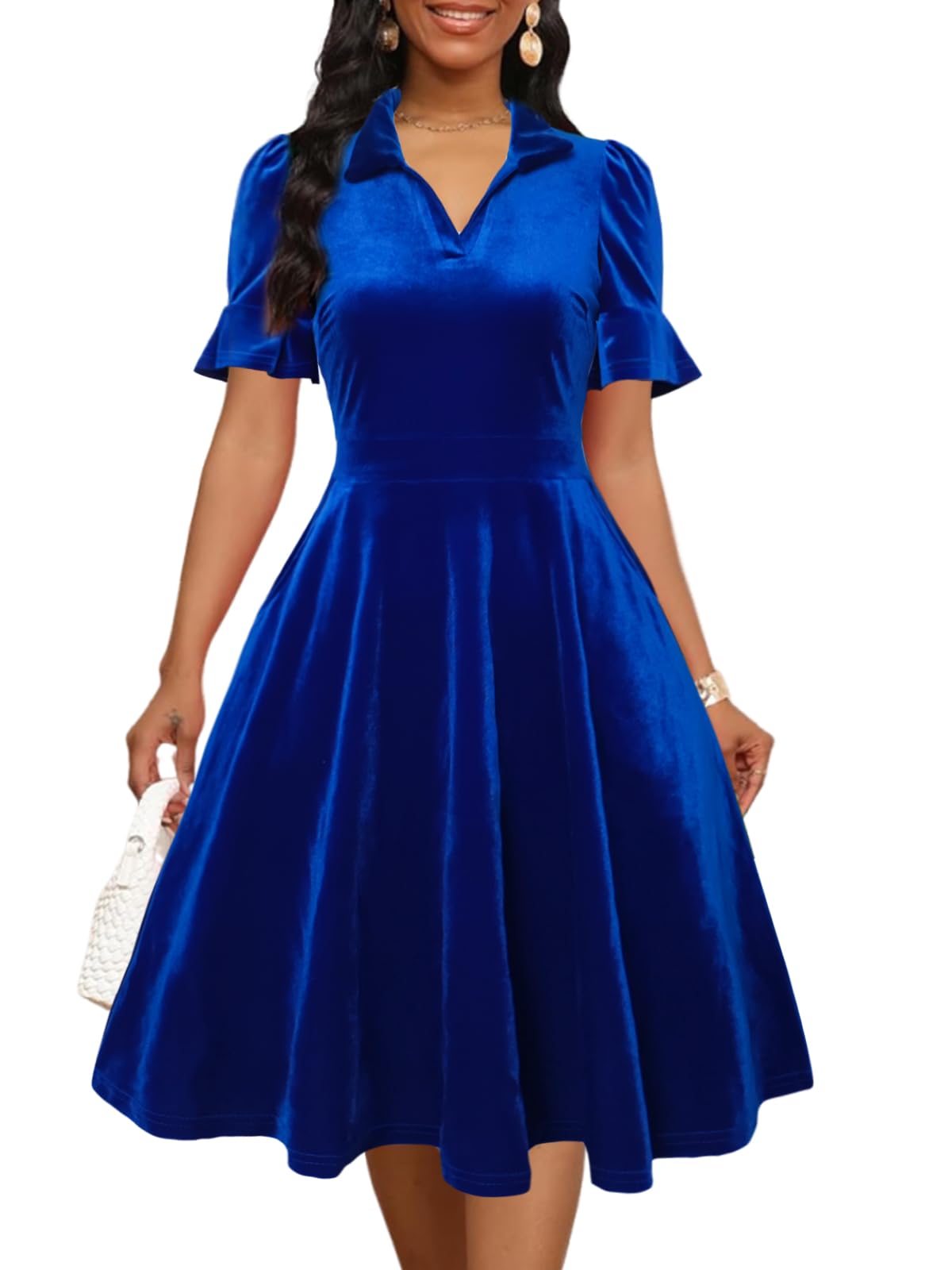 Womens Summer Ruffle Sleeve Collared V Neck Fit and Flare Elegant A line Swing Dresses with Pockets