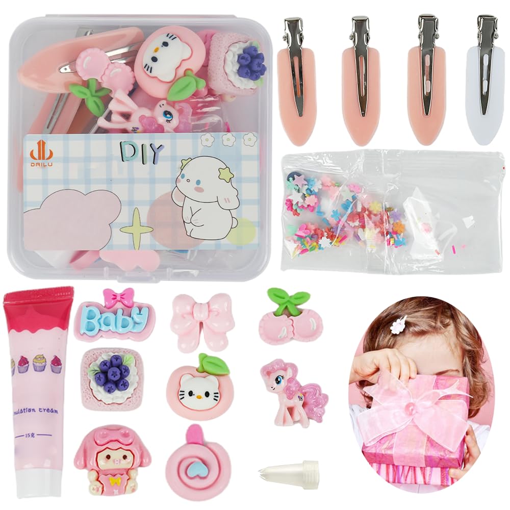 PATPAT® DIY Pink Squishy Hair Clips Making Kit, Cream Gel Glue DIY Hair Accessories - Cartoon Cute Clips for Girls with Hairclips, 15ml Cream Gel Glue Piping Nozzle Perfect for Girls' Parties