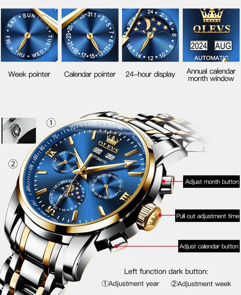 Detailed view of the OLEVS Model 6633 watch dial and side buttons with labels