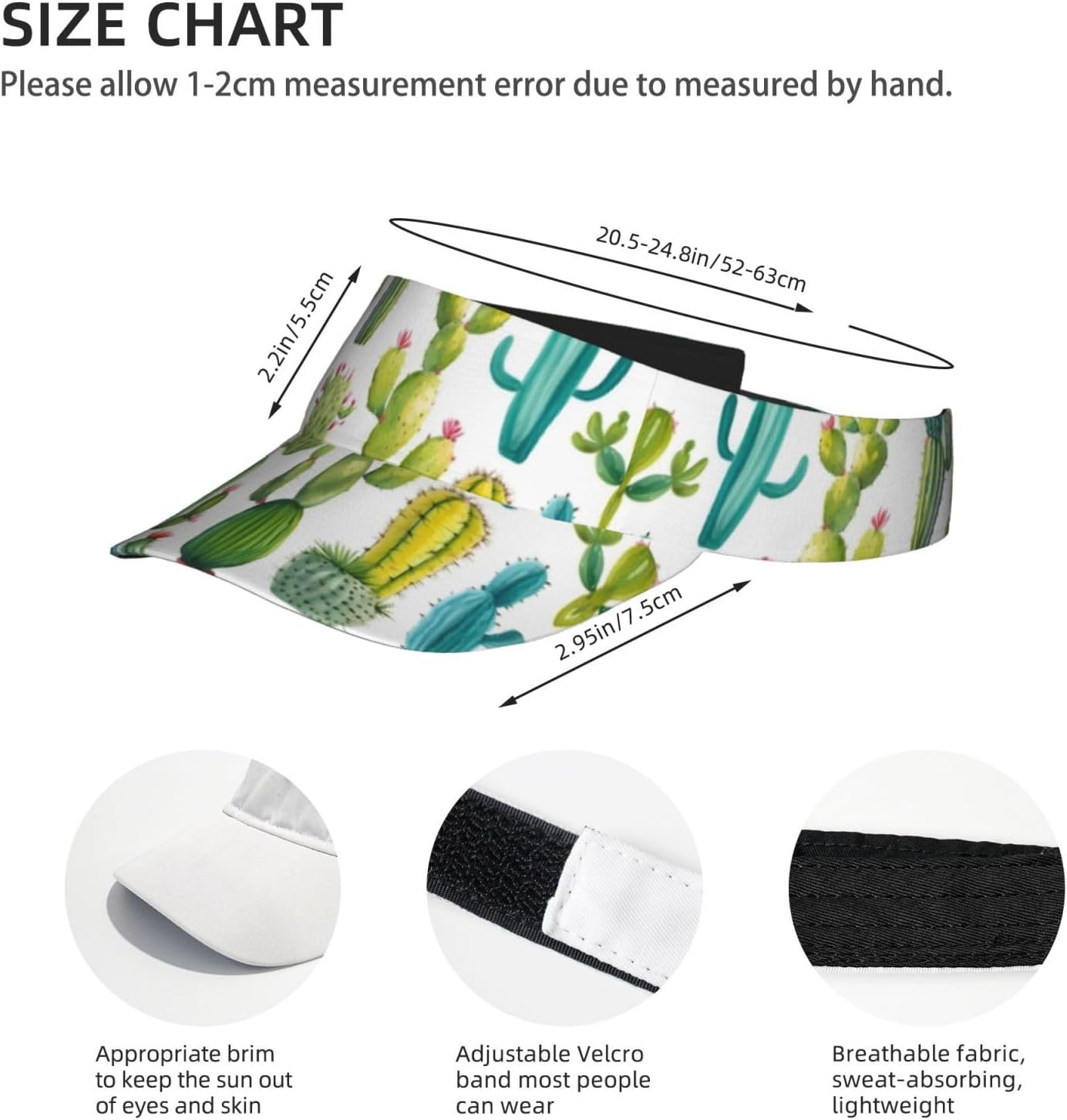Cactus Print Sun Visor Hats for Women Men Adjustable Sports Golf Running Sun Caps Black