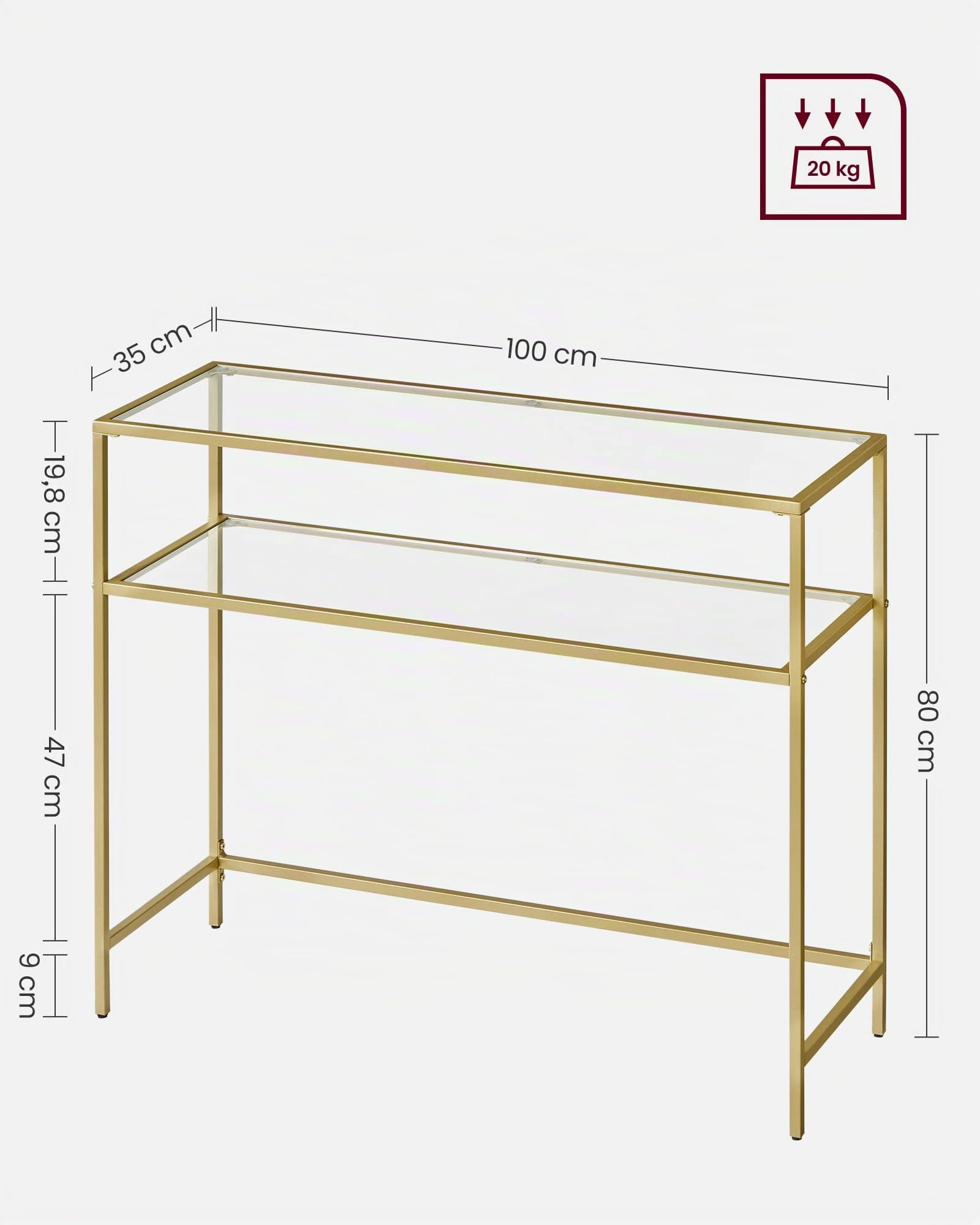 VASAGLE Mesa de Consola, Mesa de Entrada, Extremo del SofÁ, Tablero de Vidrio Templado, Marco de Metal, Patas Ajustables, para SalÓn, Entrada, Pasillo, Dorado y Transparente LGT025A01