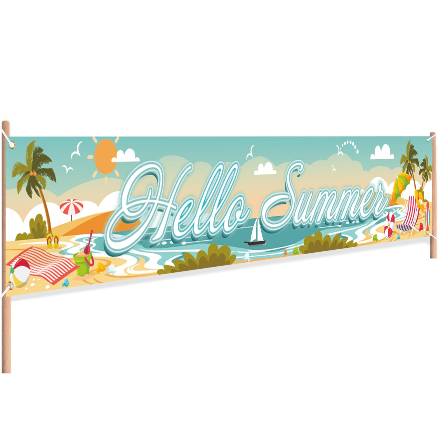 Hello Summer Beach Party Banner - Hawaiian Outdoor Party Decorations, Hanging Beach Party Supplies (Hello Summer)