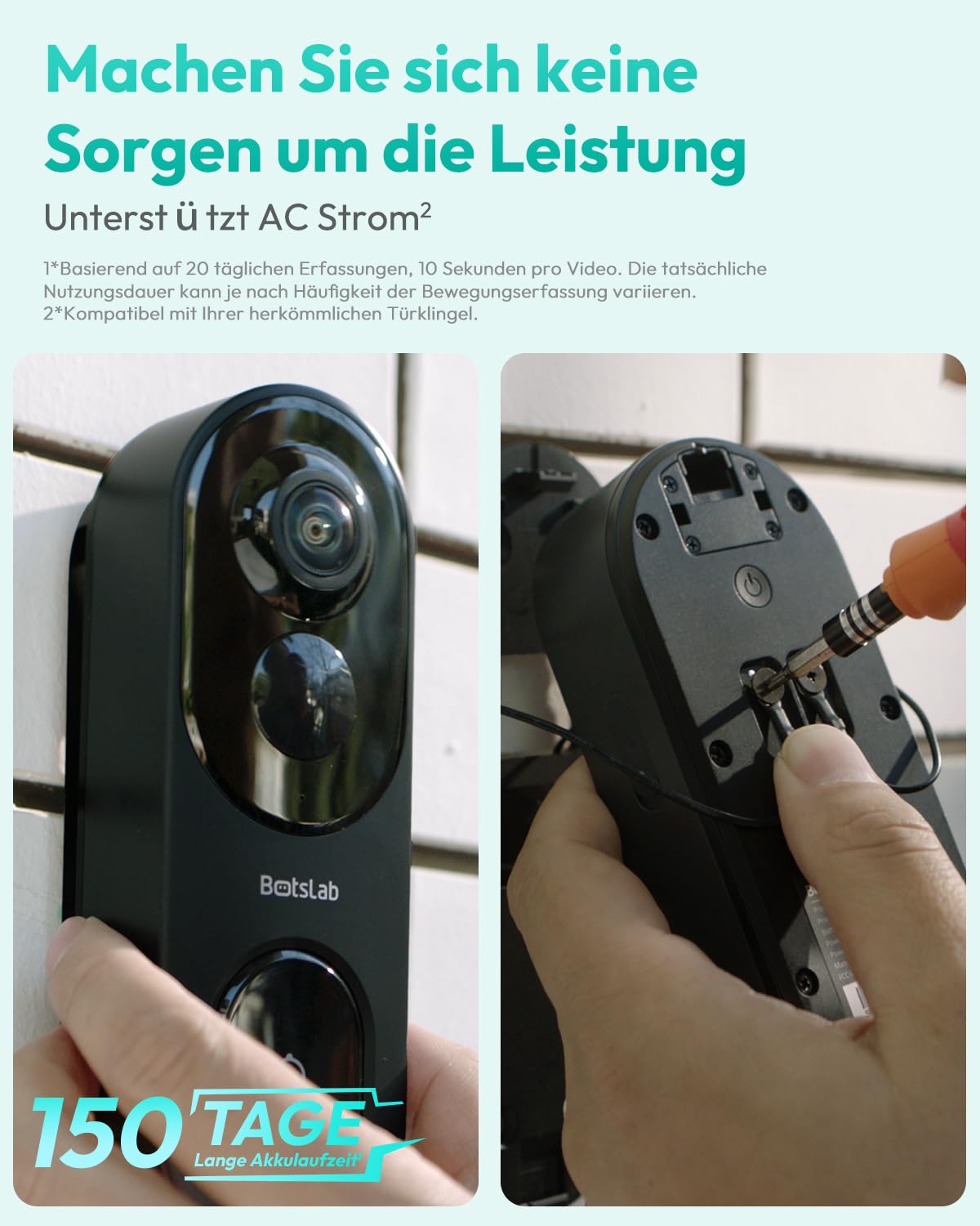BOTSLAB 5MP Akku Türklingel mit Kamera, Kabellose Videotürklingel mit 1:1 Kopf-bis-Fuß-Ansicht, 360° Smarte Video Doorbell mit AI/Radar/PIR Erkennung, 2,4 GHz WLAN, 2-Wege-Audio,Ohne Monatsgebühr