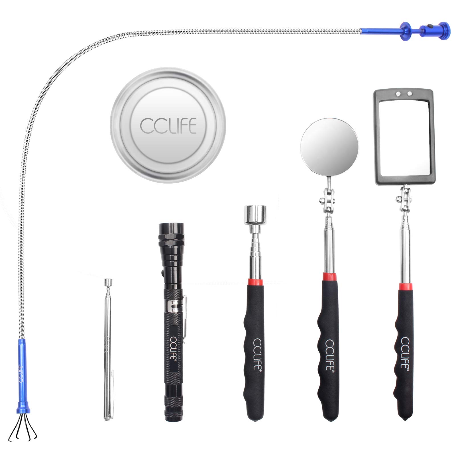 DUOJIN 6 Pcs Herramientas De Recogedor Magnético, 1.5/4/20lb Herramientas De Recogida Magnética Y Espejo De Inspección Cuadradas/Redondas, Con LED Luminoso Y Mango Telescópico Rotación De 360