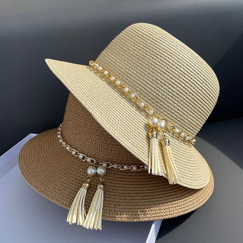 Cappello da Paglia Intrecciata per Donna,Cappelli da Sole Traspirante in Paglia Intrecciata a Tesa Larga con Decorazione di Perle,Cappello da Spiaggia Traspirante per Attività All'Aperto,Viaggi,Vaca