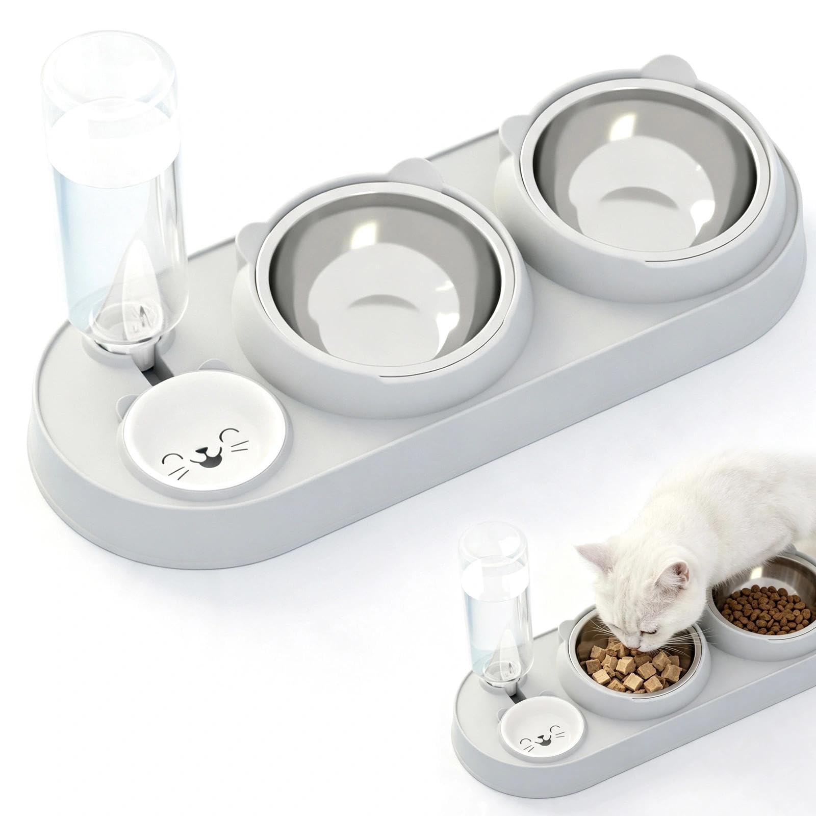 Tilted 3-in-1 Cat Bowl Set with Automatic Water Dispenser