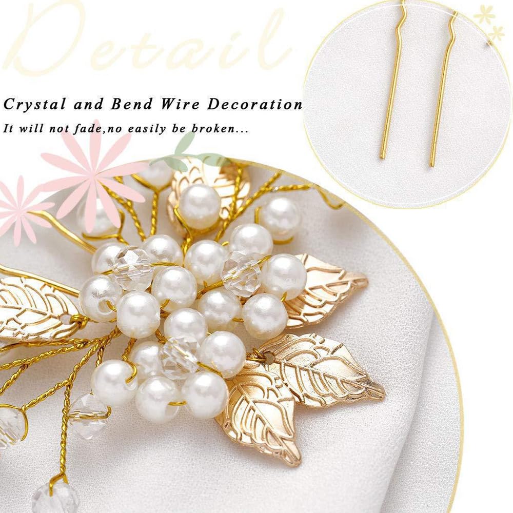 7 Pezzi Forcine Capelli Sposa Foglie Accessori Sposa Capelli Gioielli con Cristalli e Perle Accessori Nuziali a Forma Di U per Damigelle e Donne (Oro)