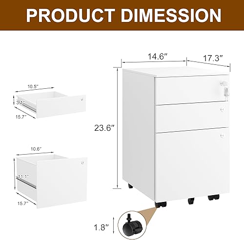 Miniatura 3 de Archivador móvil con 3 cerraduras, archivadores de 3 cajones para oficina en casa, archivador de metal debajo del escritorio para A4cartalegal, con