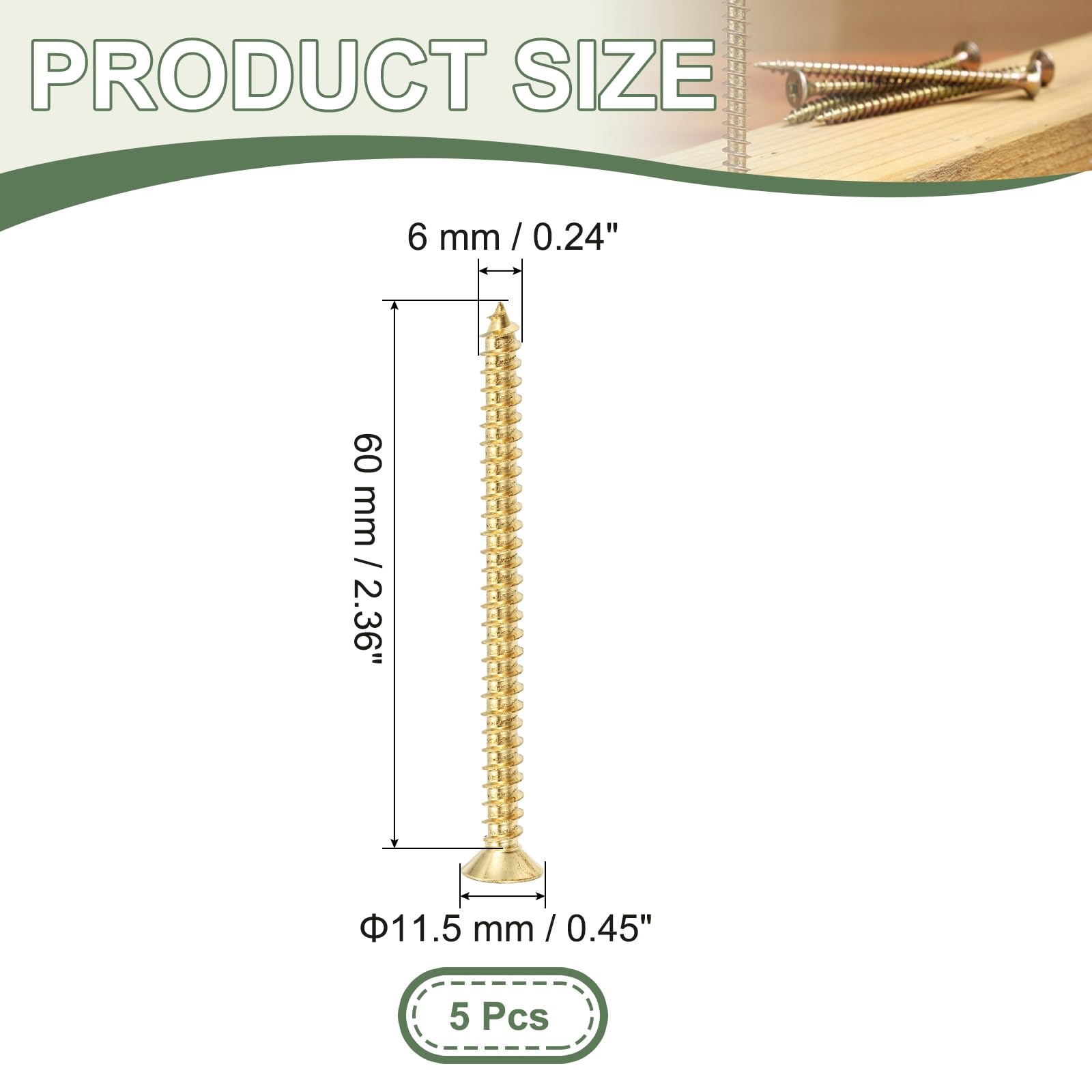 YELARXI Brass Wood Screws Self Tapping Screws, M6 x 60 mm Flat Cross Head Fit for Door Hinges Electronics Furniture (5 Pack, Gold Tone) - Image 2