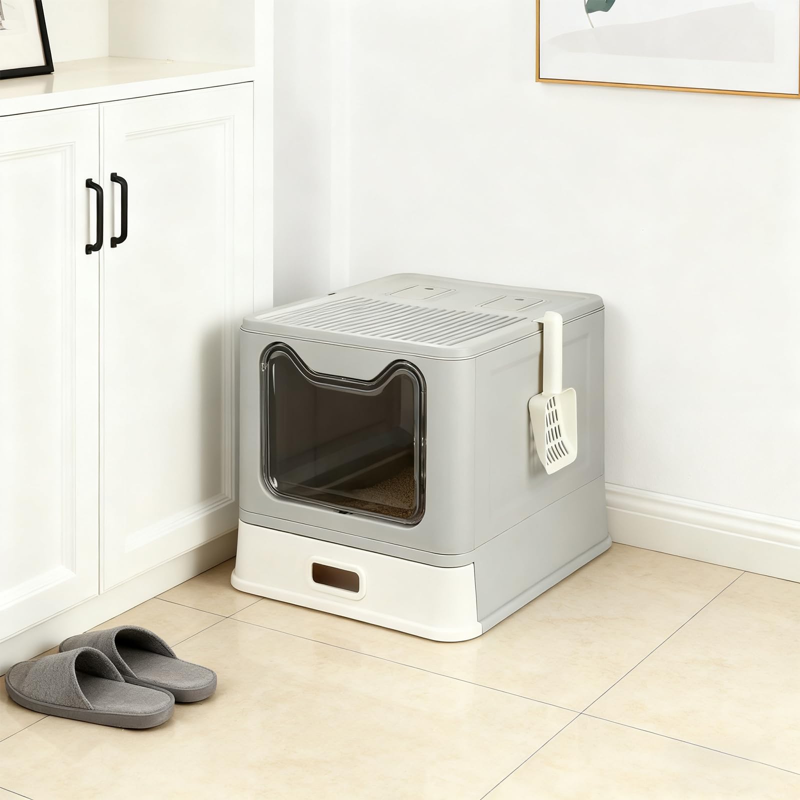 Caja de Arena Plegable para Gatos de Acero Inoxidable, Pala, Casa de Baño Fácil de Limpiar, Resistente a Olores, Adecuada para Gatos Grandes, 41 x 51 x 38 cm, Acero Inoxidable (Gris) (B)