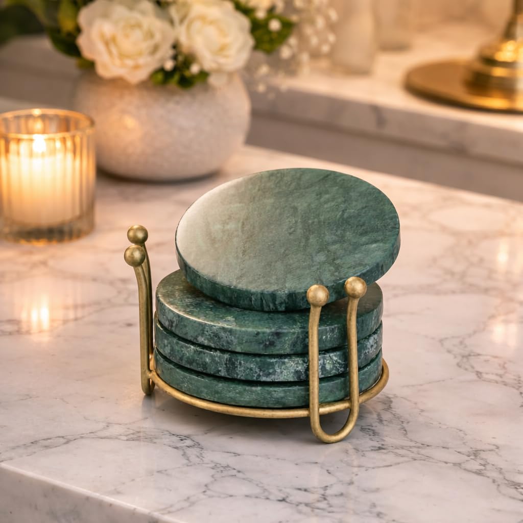 Green Marble Coaster Set with Antique Metal Holder