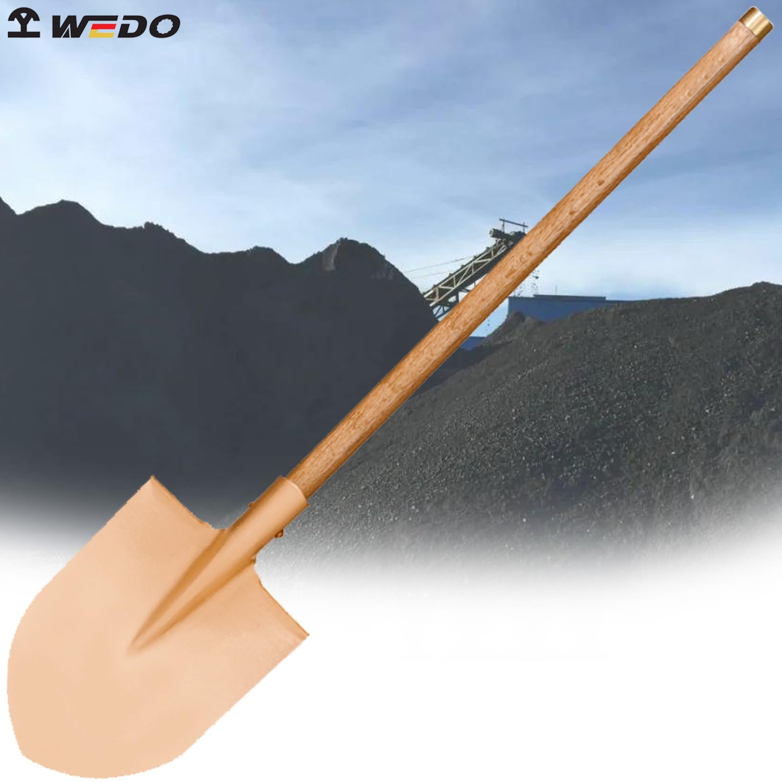 WEDO Pala de punta redonda sin chispas con clip de bloqueo, pala de transferencia, mango de madera de 31 pulgadas de largo con aro de bronce, herramienta de excavación de seguridad, cobre berilio, no