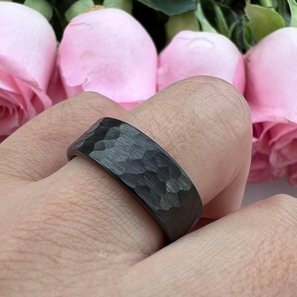 TUTISS 6mm 8mm Silver/Black/Gunmetal/Gold/Rose Gold Hammered Tungsten Rings for Men Women Couple Fashion Jewelry Engagement Wedding Bands Matte Finish Comfort Fit
