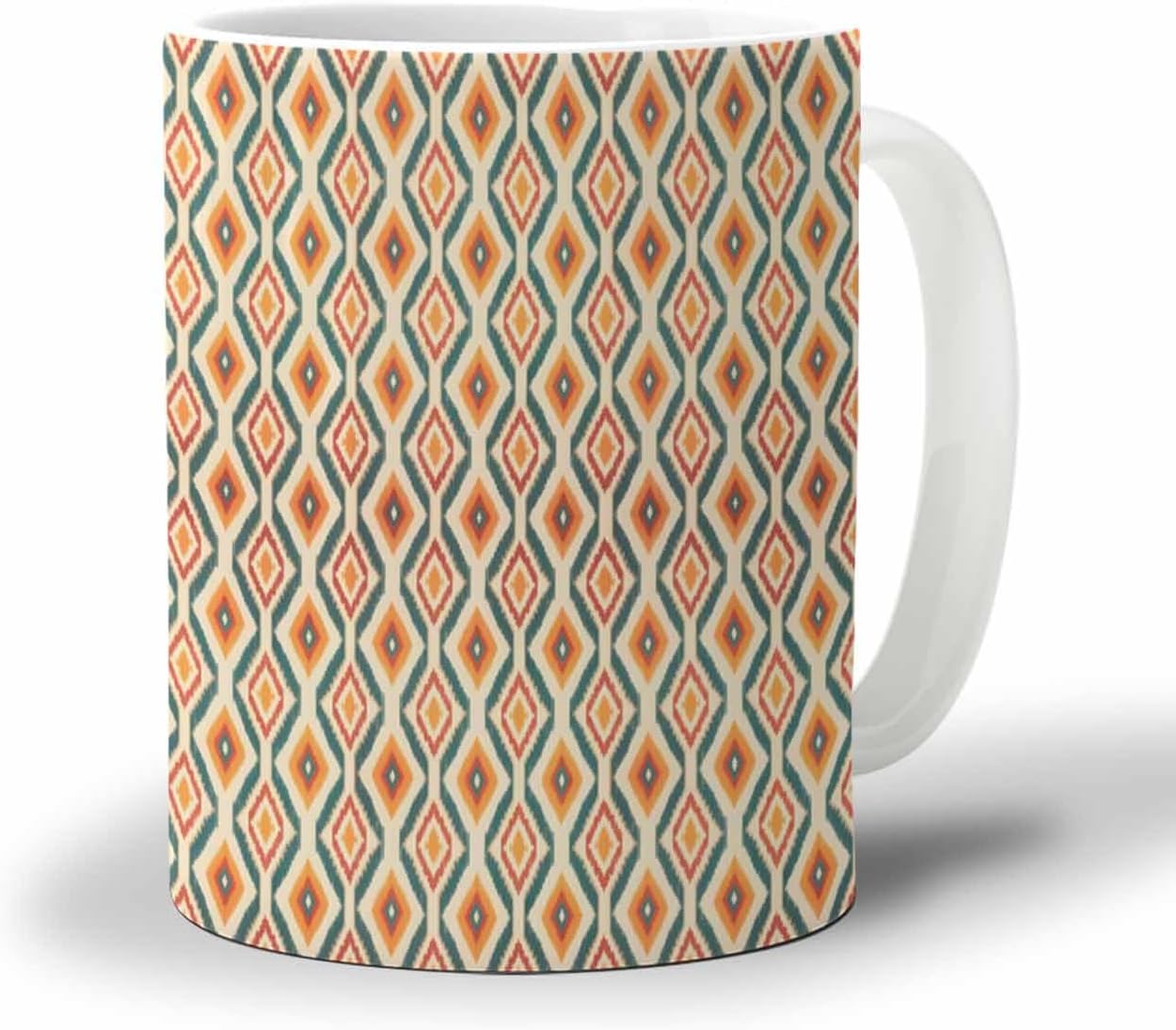 BEMIGO Ceramic Coffee Mug Boho Geometric Ceramic Mug White Cup, Country Orange Style Insulated Coffee Cup with Handle with Pattern Perfect for Tea and Hot Beverages, 12oz