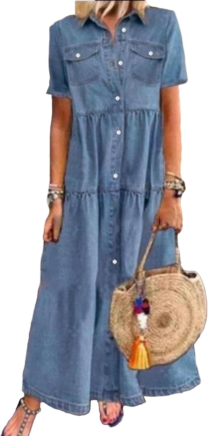 Sexyshine Women's Button Down Denim Dress Short Sleeve Lapel Collar High Waist A Line Swing Ruffle Jeans Maxi Dress