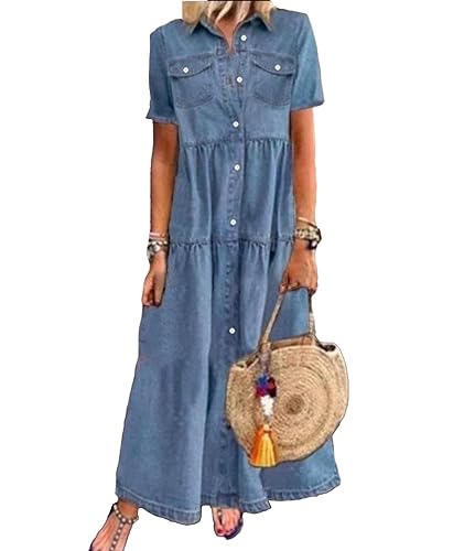 Sexyshine Women's Button Down Denim Dress Short Sleeve Lapel Collar