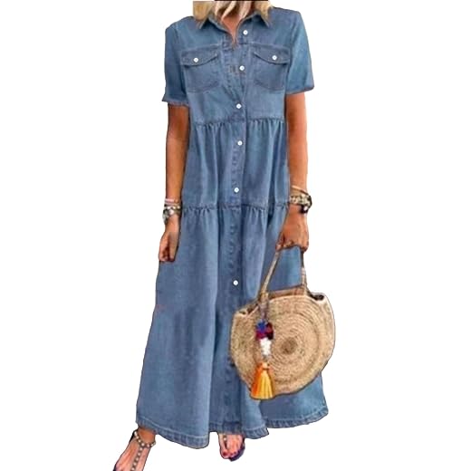 Sexyshine Women's Button Down Denim Dress Short Sleeve Lapel Collar High Waist A Line Swing Ruffle Jeans Maxi Dress