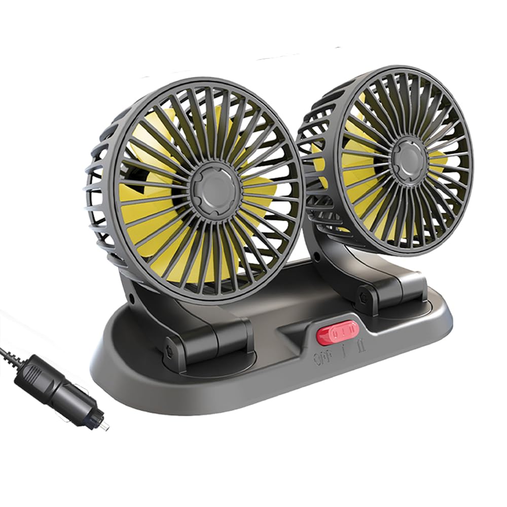Ventilatore da Auto 12V a Doppia Testa, Afenau Ventilatore Auto Accendisigari con 2 Velocità, 360 gradi Ventilatore per Auto, Ventilatore 12 Volt per Camper SUV RV Caravan Furgone Camion
