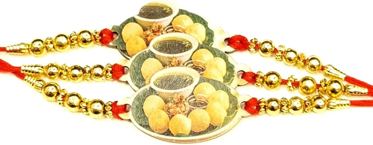 Jai Jai Ram Set of 3 Beautiful Golgappa/Pani Puri Rakhis, with beautiful Beads, with Red Thread, Rakshabandan