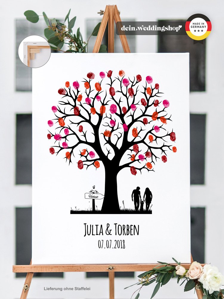 Wedding Tree Leinwand zur Hochzeit, Fingerabdruckbaum als Gästebuch, Verschiedene Motive – PERSONALISERT – 30x40cm – inkl. Stempelkissen + Stift