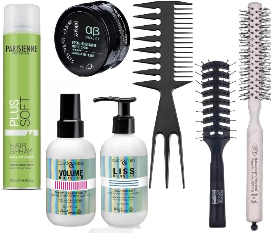 Kit Ciuffo Graffiato Professionale, Set Completo per Parrucchieri con Pettine, Spazzola, Pasta Modellante, Lacca Soft, Crema Lisciante, Spray Volumizzante