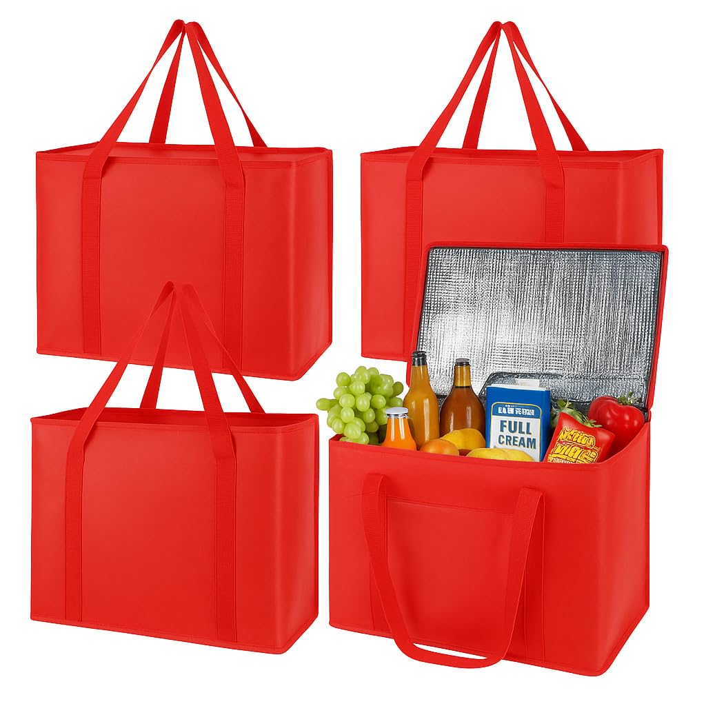 musbus 4 Pack xl Insulated Grocery shopping bag, Red, Cooler bag, zipper, Foldable, Tote, Cold and Hot,for Men/Women, Delivery, for Picnic