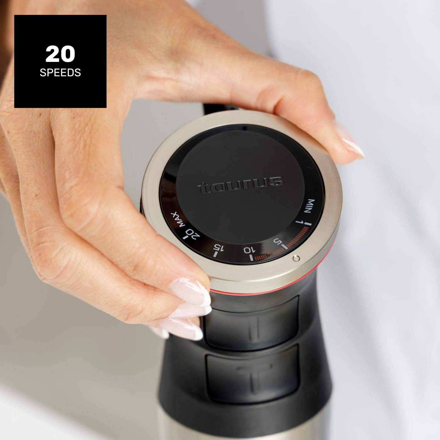Taurus blender ręczny 1500 W, 20 stopni prędkości + Turbo, ostrza ze stali nierdzewnej, zegary zapobiegające rozpryskiwaniu, ergonomiczny, nie zawiera BPA, nadaje się do mycia w zmywarce, kruszarka do