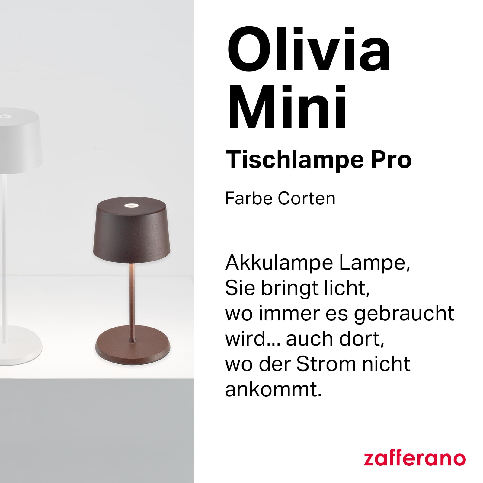 Zafferano, Olivia Mini Lampe, Tragbare und Wiederaufladbare Tischlampe mit Touch Control, Geeignet für Wohnzimmer und Außenbereich, Dimmer, 2200-3000 K, Höhe 22 cm, Farbe Corten