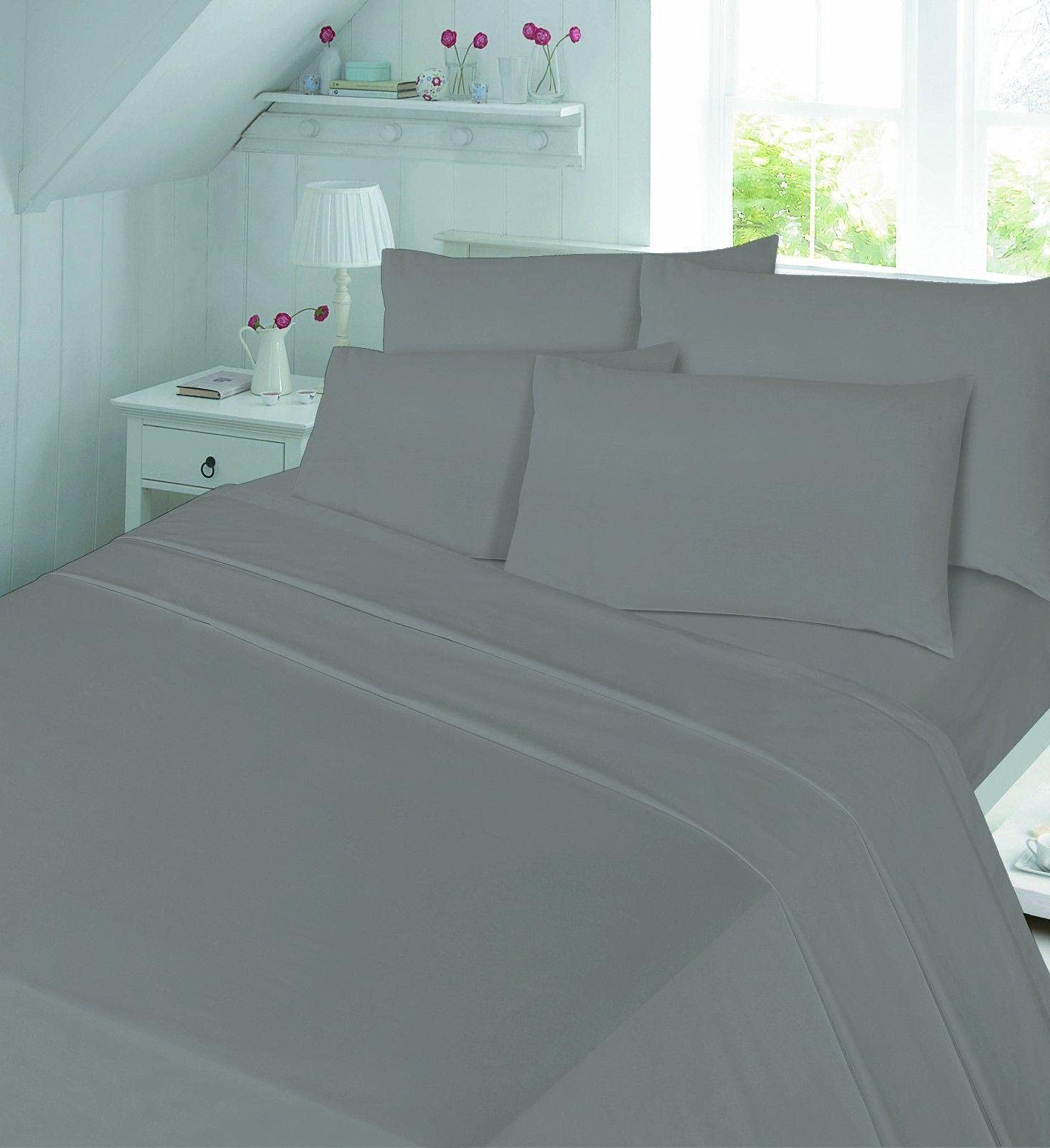 EXQUIZIT HOME® Flannelette Fitted Bed Sheet Set 100% Cotton Soft Thermal Bedding With Free Matching 2 Pillow Cases, Plain Dyed (Grey, Double)