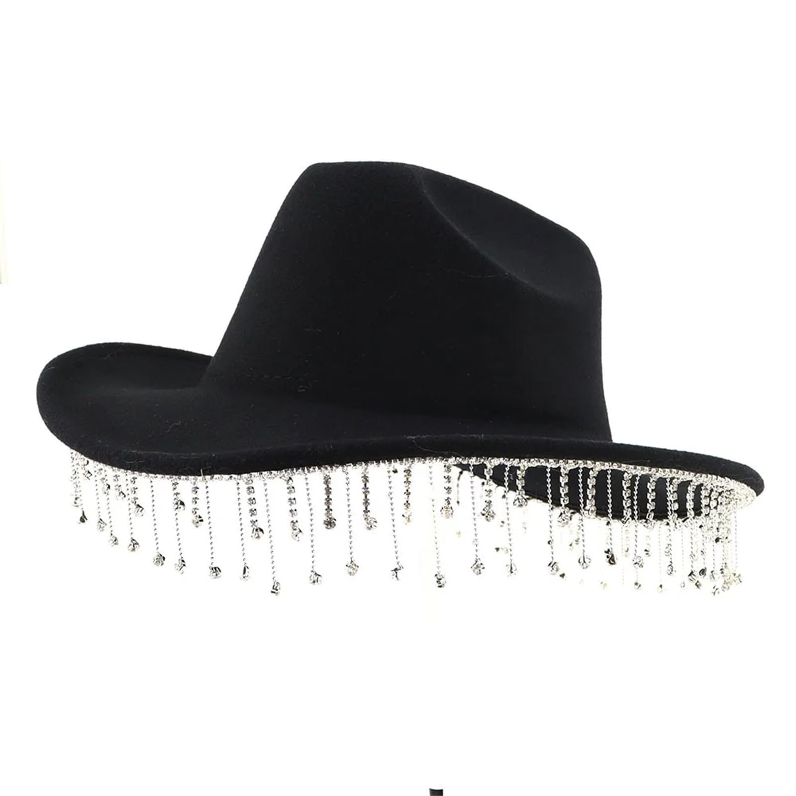 Cappello Fedora da donna, con nappa, con strass, in feltro di lana, per feste e matrimoni