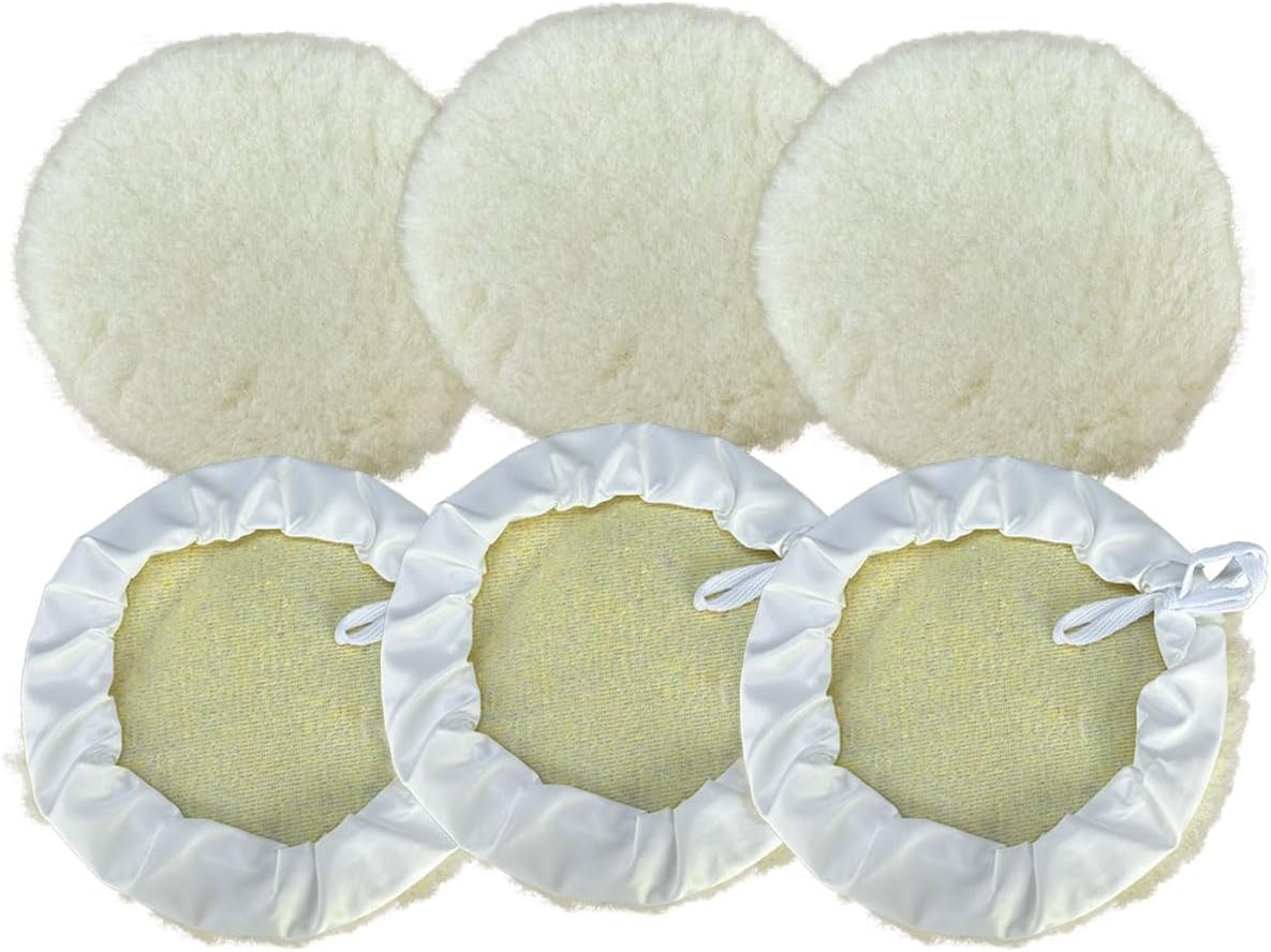 6PCS 7 Inch Wool Car Buffing Pads, Lamb Fleece Polishing Pad Buffer Polisher Bonnets, Drawstring Design Drill Buffer Polisher Attachment for Car Detailing, Glass, Furniture