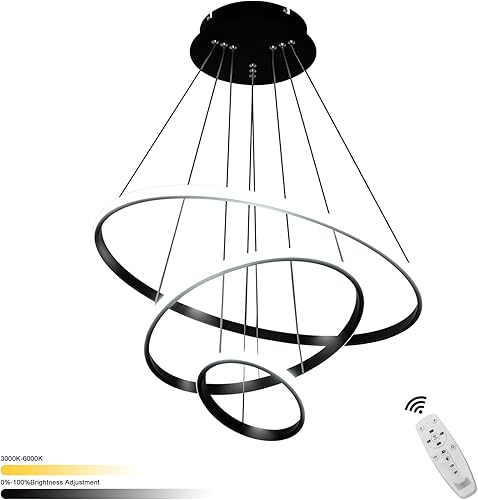 Viruhaka Lámpara colgante LED regulable para comedor de 86 W LED moderna araña negra para sala de estar, 3 anillos de iluminación colgante de