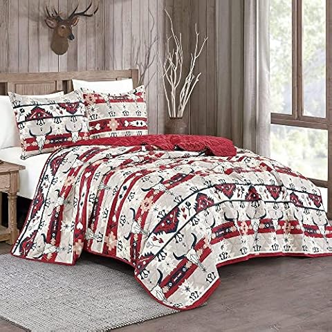 Jaba/WPM Western Redl/Beige/Burgundy Cowboy Desert Southwestern Print Bedspread 3 Piece west Theme Cabin Lodge Ranch Design Coverlet Quilt Set-Mazhira 22368 (Queen), Red, Beige, Burgundy Cover