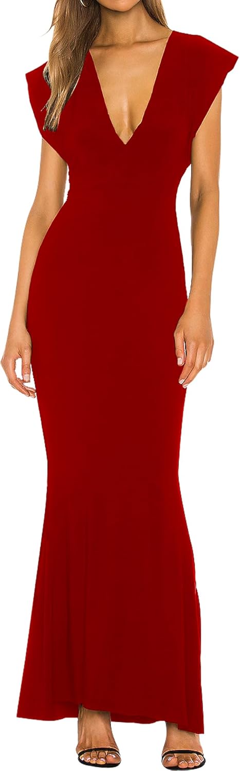 SHESEEWORLD Women's Sleeveless Deep V Neck Evening Gown Bodycon Party Cocktail Maxi Dress Gown