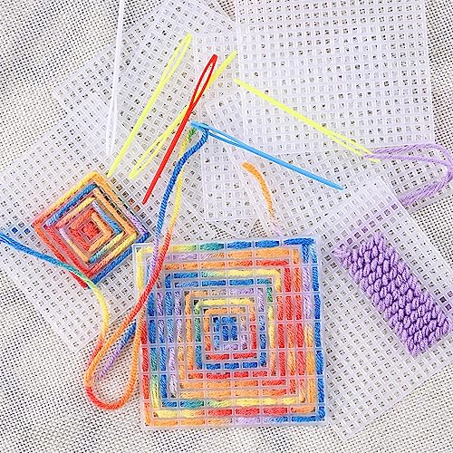 Image of Allazone 45 PCS Mesh Plastic Canvas Sheets Kit, 3 Shape Clear Plastic Canvas, 12 Color Acrylic Yarn for DIY Crafts Embroidery Cross Stitch, Acrylic Yarn Crafting, Knit and Crochet Projects
